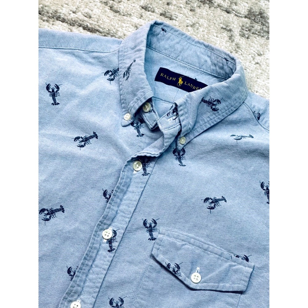 Ralph Lauren Button Down Men S Light Blue Lobster Print Short Sleeve Oxford